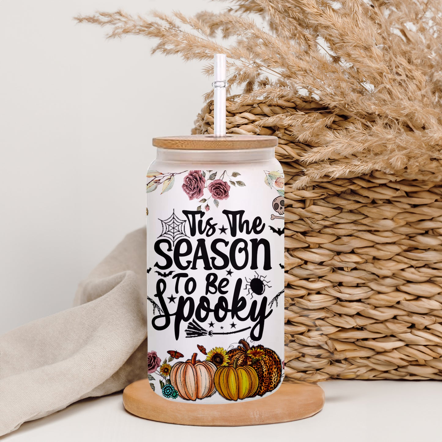 Petthouse | Tis The Season To Be Spooky Glass Can, Skeleton Dancing Spooky Halloween Glass Can