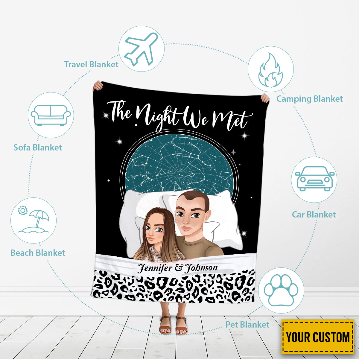 Petthouse | Personalized Star Map Fleece Blanket, Chibi Couple Soft Blanket, Romantic Valentines Day Sherpa Blanket