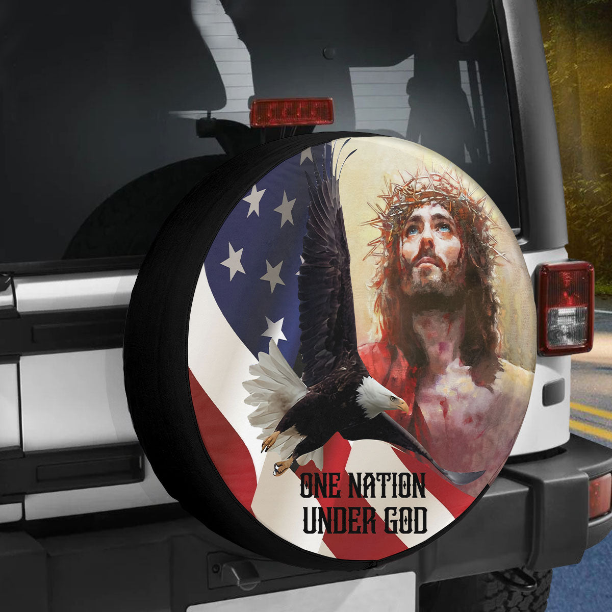 Petthouse | Jesus Watercolor Art Durable Tire Protector Faith Gift One Nation Under God Spare Tire Cover