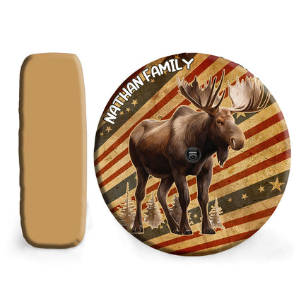 Petthouse | Customized Moose In The Wild On Grunge Stylized American Flag Spare Tire Cover Vintage Moo Hunting