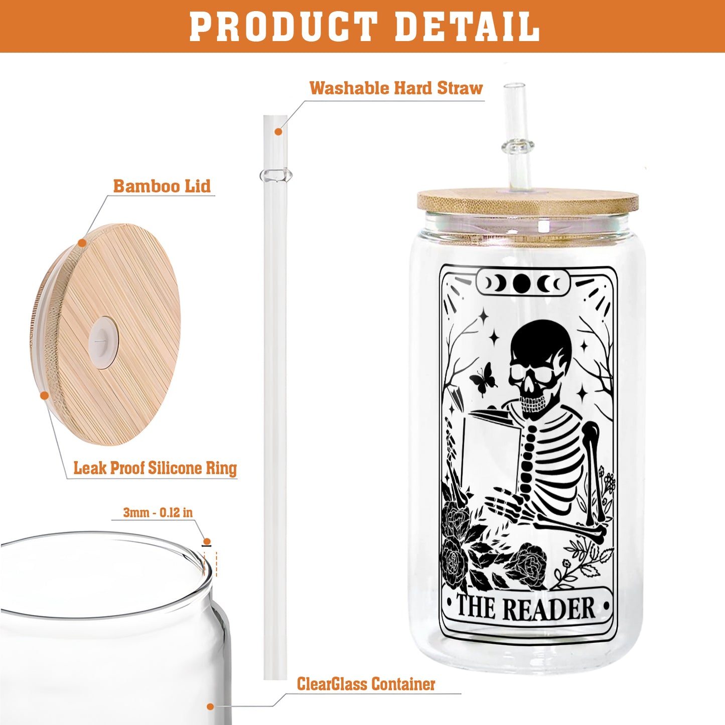 Petthouse | Skeleton Reading Glass Cup, The Reader Tarot Glass Can, Book Lover Gift, Tarot Lover Gift