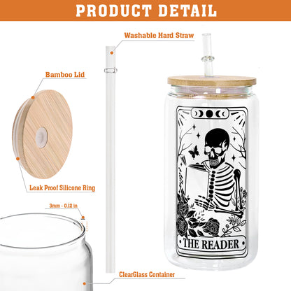 Petthouse | Skeleton Reading Glass Cup, The Reader Tarot Glass Can, Book Lover Gift, Tarot Lover Gift