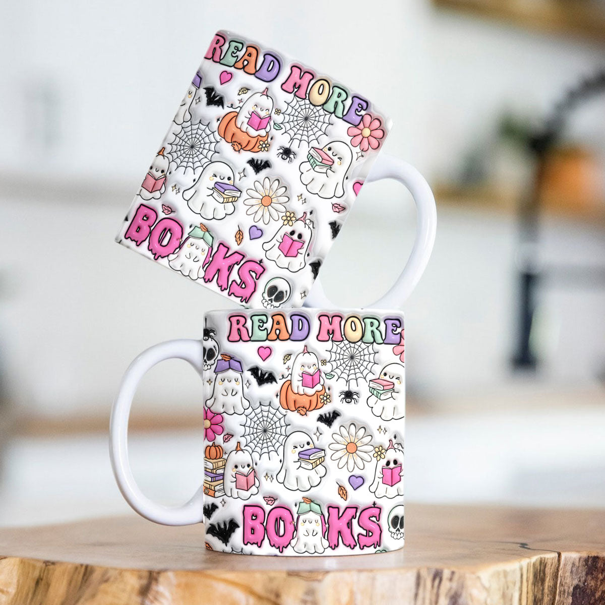 Petthouse | Inflated Book Lover Halloween Mug, Spooky Teacher Mug, Ghost Book Nerd Mug, Reading Books