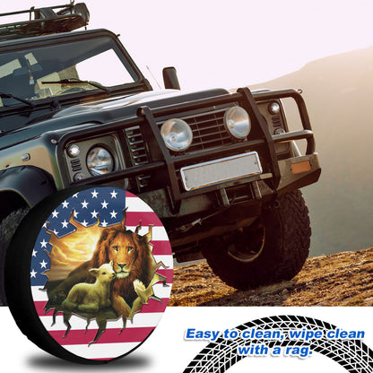 Petthouse | Jesus Lion And Lamb Usa Flag Spare Tire Cover Jesus Catholic Car Tire Protector Dust-proof