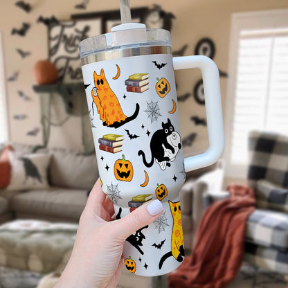 Petthouse | Halloween Ghost Cat 40oz Tumbler, Spooky Black Cat Stainless Steel Tumbler, Cat Spooky Season