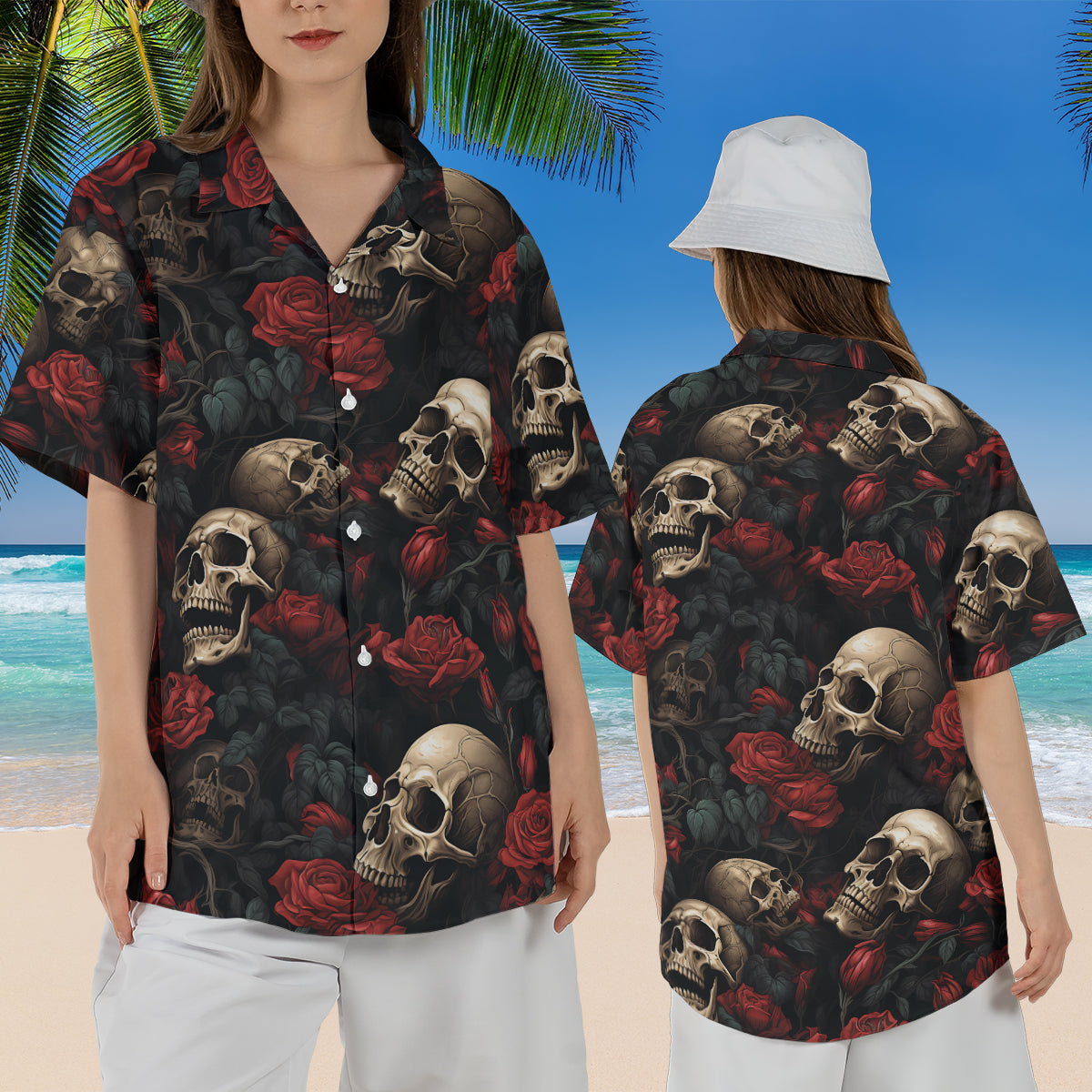 Petthouse | Skull Floral Hawaiian Shirt, Skull Summer, Skull Skeleton Tropical Floral For Beach Gift