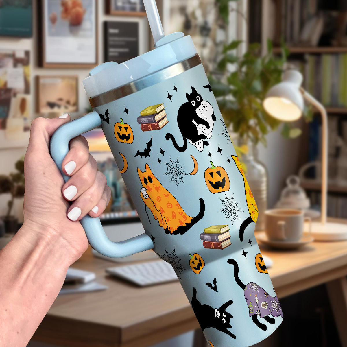 Petthouse | Halloween Ghost Cat 40oz Tumbler, Spooky Black Cat Stainless Steel Tumbler, Cat Spooky Season