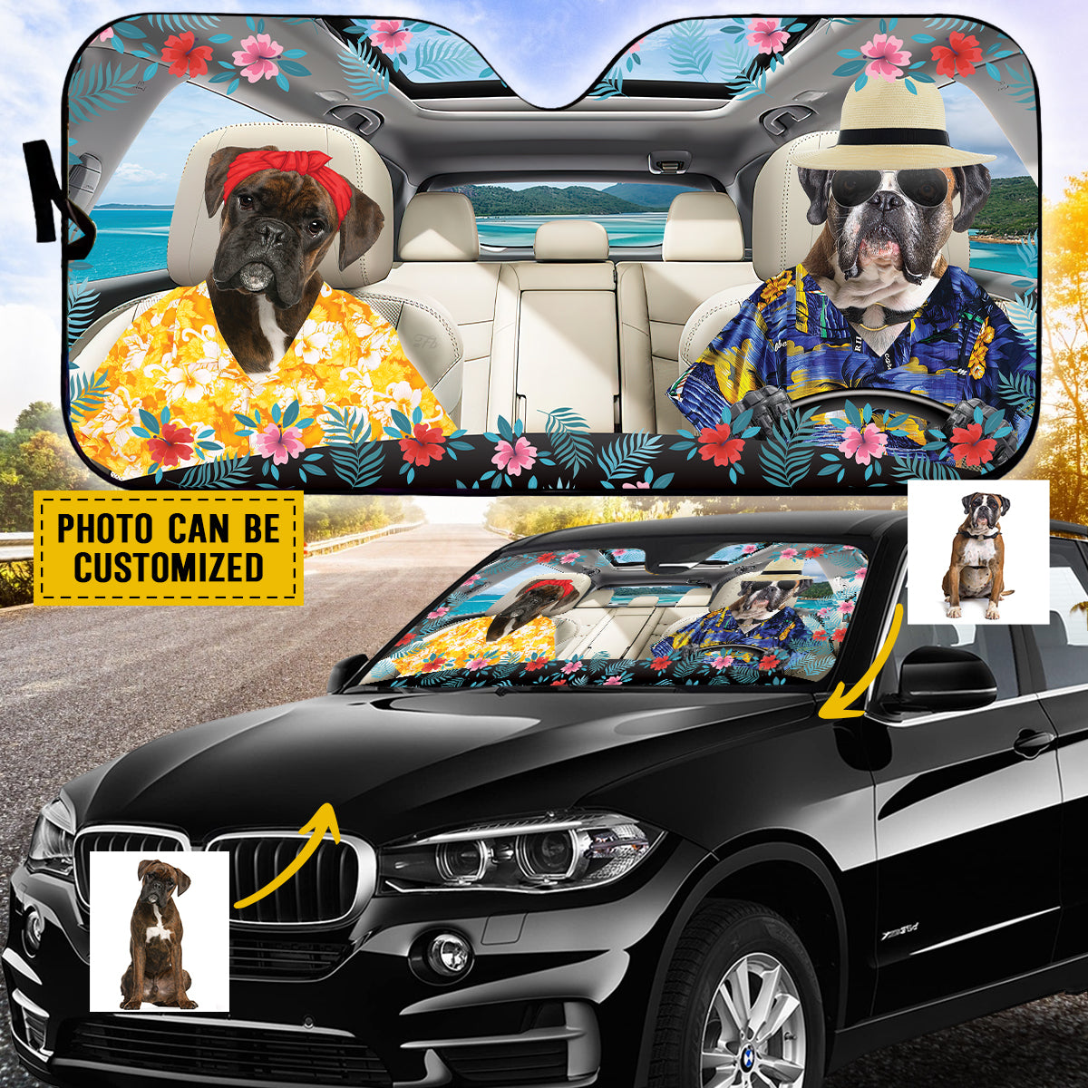 Petthouse | Boxer Dog Hawaiian Windshield Sun Shade Custom Photo Sunshade For Dog Mom Dog Dad Summer