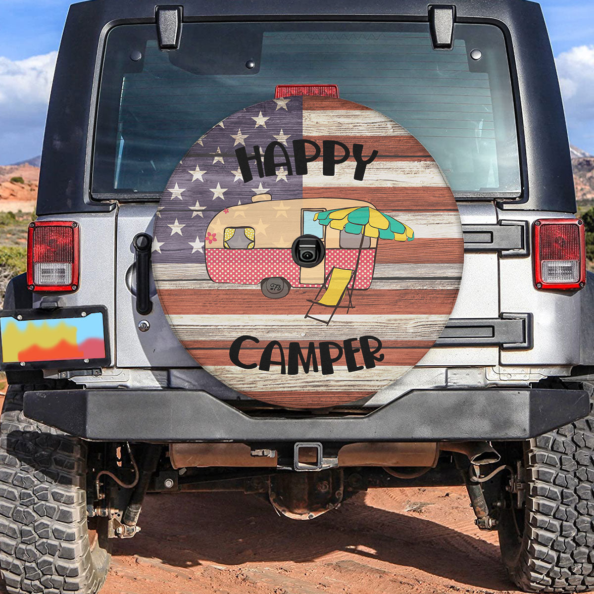 Petthouse | Happy Camper Spare Wheel Tire Cover Caravan Camping Trailer Wheel Cover Grunge American Flag