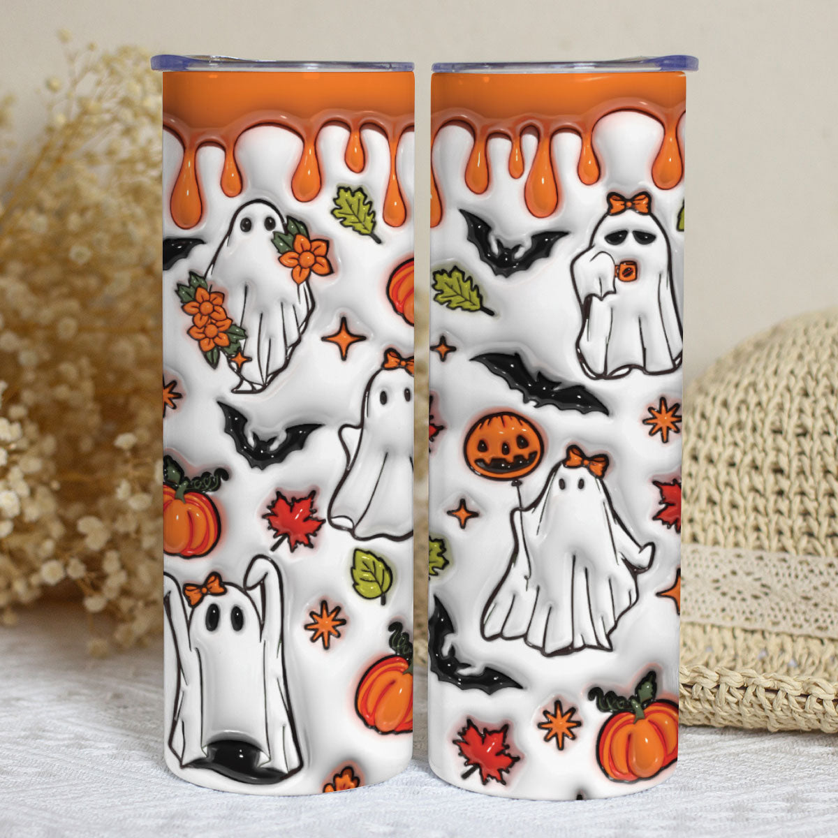 Petthouse | Spooky Vibes Inflated Tumbler Wrap, Halloween Ghost Boo 20oz Skinny Tumbler, Pumpkin Tumbler