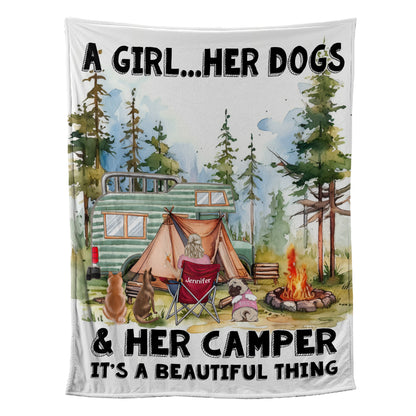 Petthouse | Personalized Girl And Her Dogs Throw Blanket, Camping Background Travel Blanket, Camping Lover Blanket