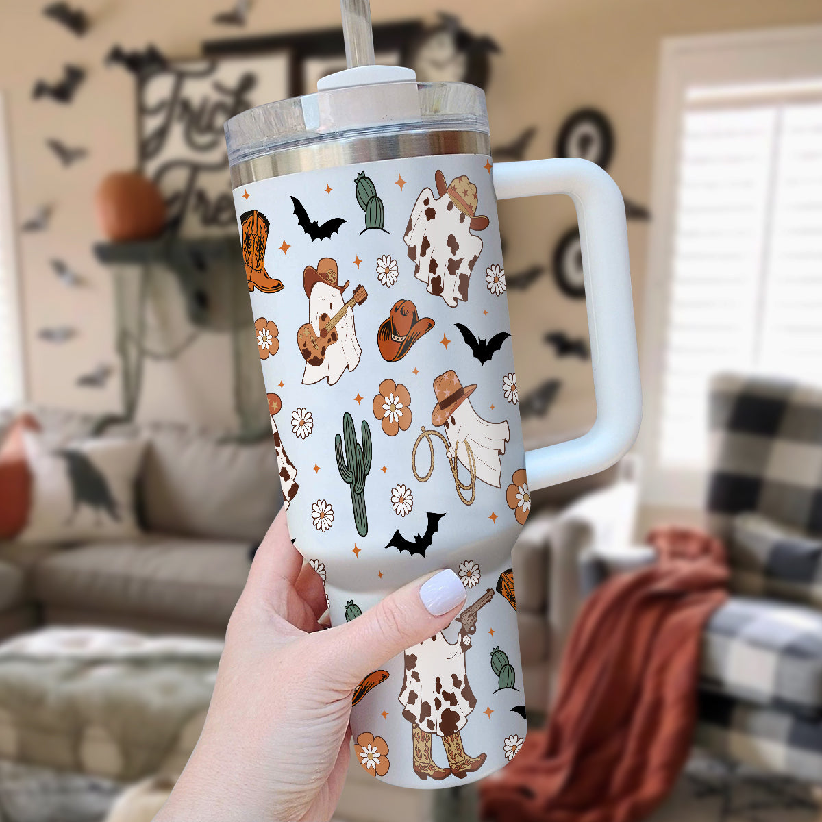 Petthouse | Western Ghost 40oz Tumbler, Halloween Ghost Cowboy Tumbler Wrap, Spooky Western Ghost