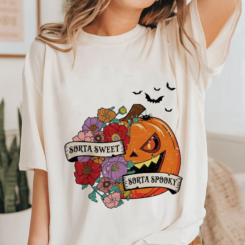 Petthhouse | Sorta Sweet Sorta Spooky Halloween Shirt, Halloween Wildflower Floral Pumpkin Shirt