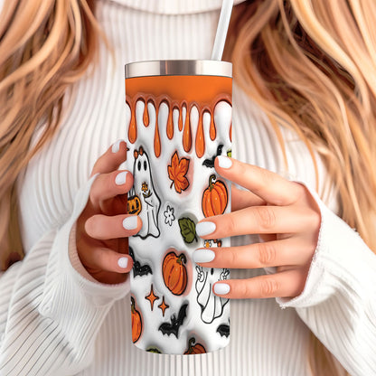 Petthouse | Halloween Spooky Vibes Skinny Tumbler, Spooky Ghost Vibes 3d Inflated Effect Tumbler, Pumpkin