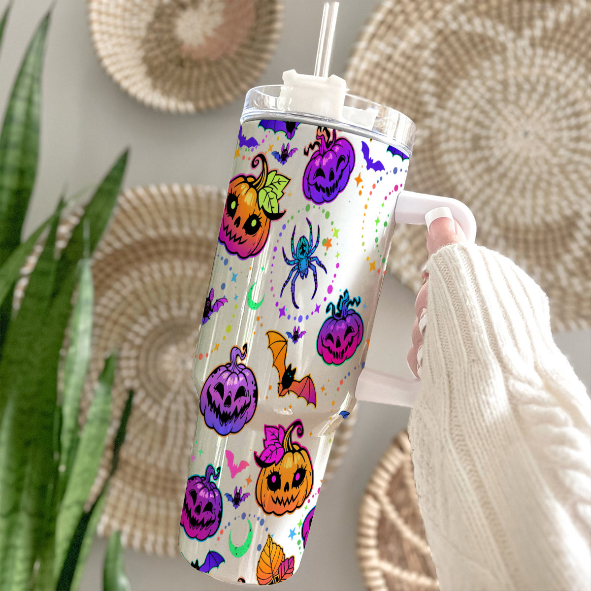 Petthouse | Bat And Pumpkin Halloween Tumbler 40oz, Spooky Tumbler, Mystic Hippie Tumbler, Cute Spooky