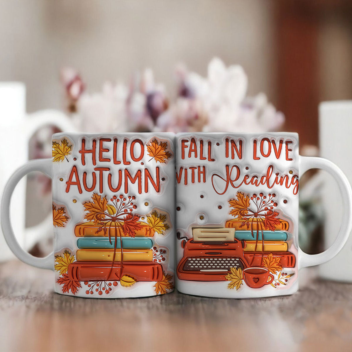 Petthouse | Hello Autumn Ceramic Mug, Fall In Love With Reading 3d Inflated Print Mug, Fall Autumn