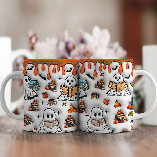 Petthouse | Reading Ghost 3d Inflated Effect Mug, Halloween Coffee Mug, Bookish Ghost Gift, Spooky Vibes