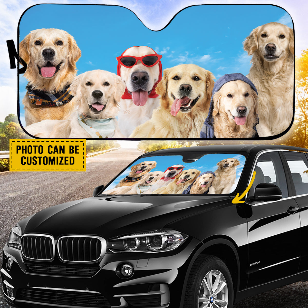 Petthouse | Customize Gift Windshield Sun Shade Dog Sunshade A Bunch Of Golden Retriever Dog Car