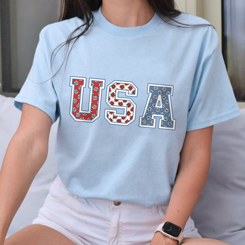 Petthouse | 4th Of July Usa Floral Flowers Shirt, Independence Day Women Tee