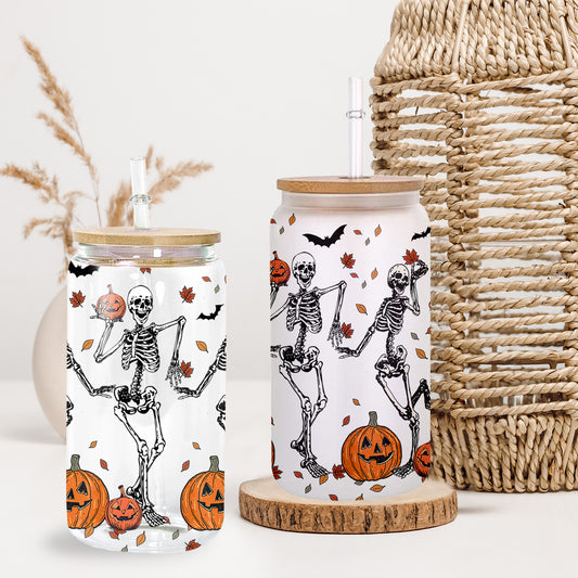 Petthouse | Skeleton Dancing Halloween Glass Can, Skeleton Halloween Iced Coffee Cup, Skeleton Dance Fall