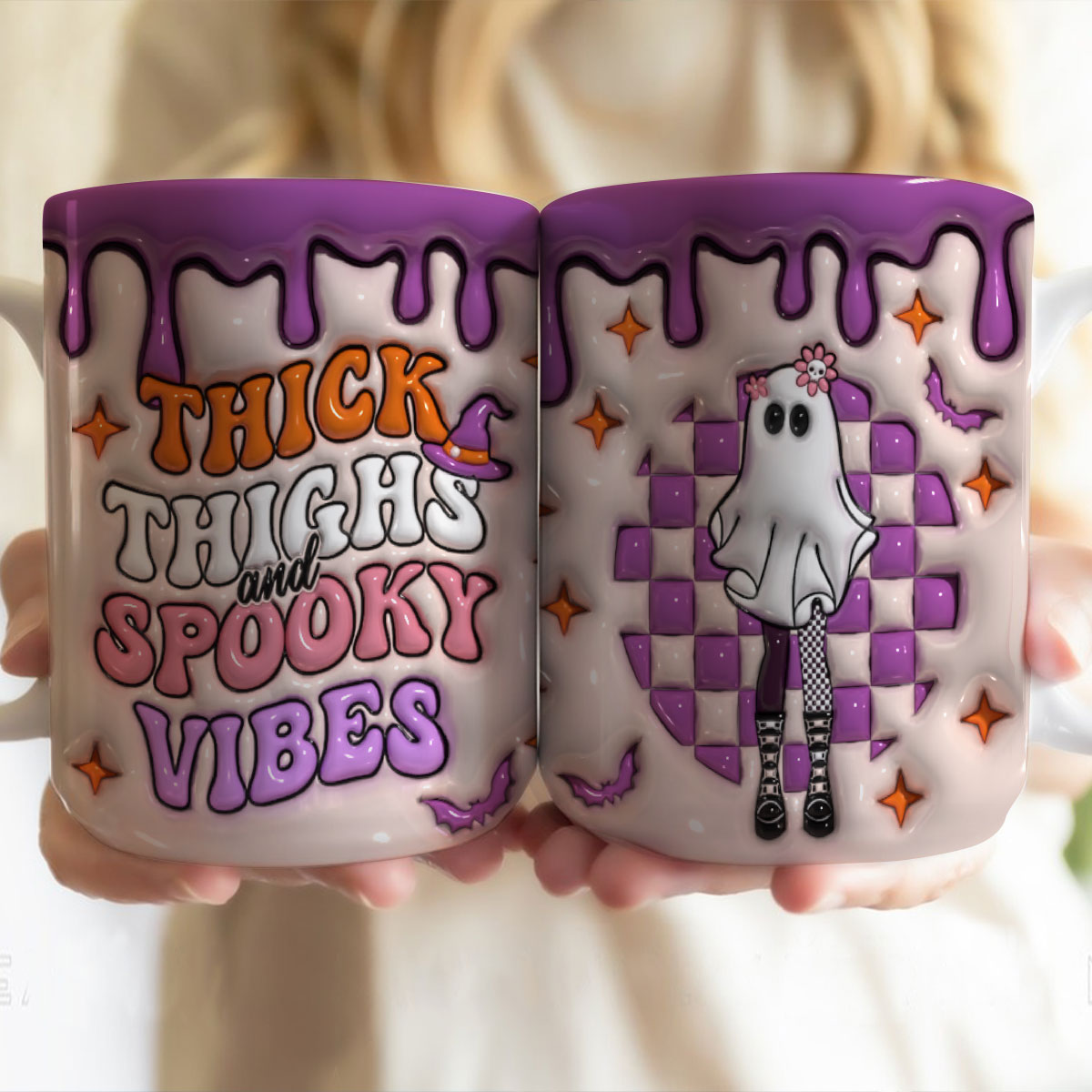 Petthouse | Cute Ghost Thick Thighs And Spooky Vibes Mug, 3d Inflated Effect Printed Ceramic Mug