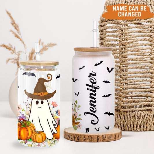 Petthouse | Personalized Halloween Ghost Glass Cup, Cottagecore Ghost Fall Floral Iced Coffee Cup