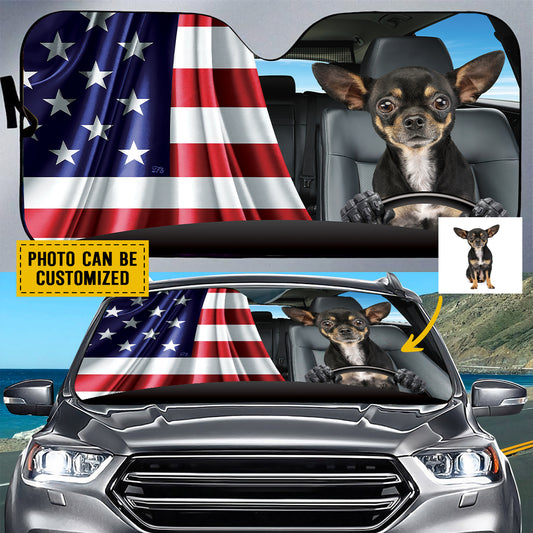 Petthouse | Dog Sunshade American Flag Windshield Sun Shade Customize Gift Chihuahua Dog Driver Car Sunshade