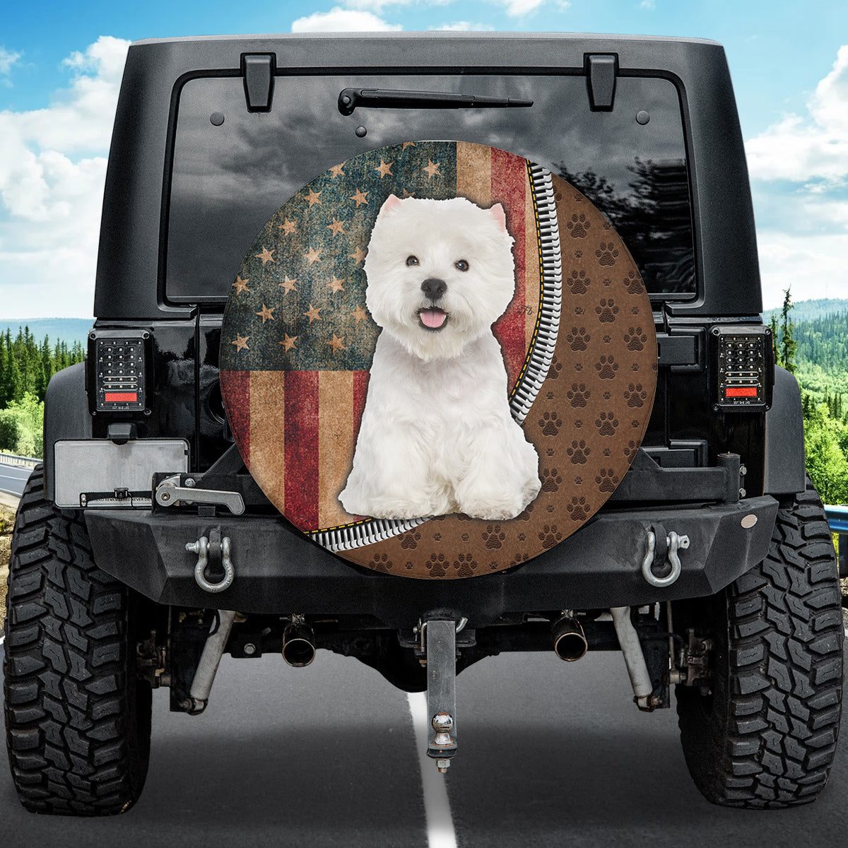 Petthouse | West Highland White Terrier Dog American Flage Vintage Spare Tire Cover Truck Travel Trailer