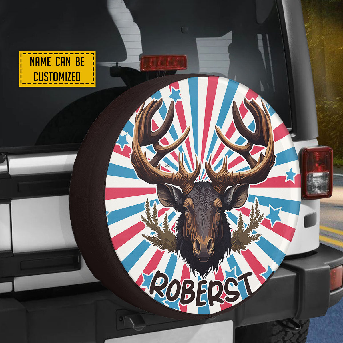 Petthouse | Customized Moose Head On American Patriotic Background Spare Tire Cover Hunting Season