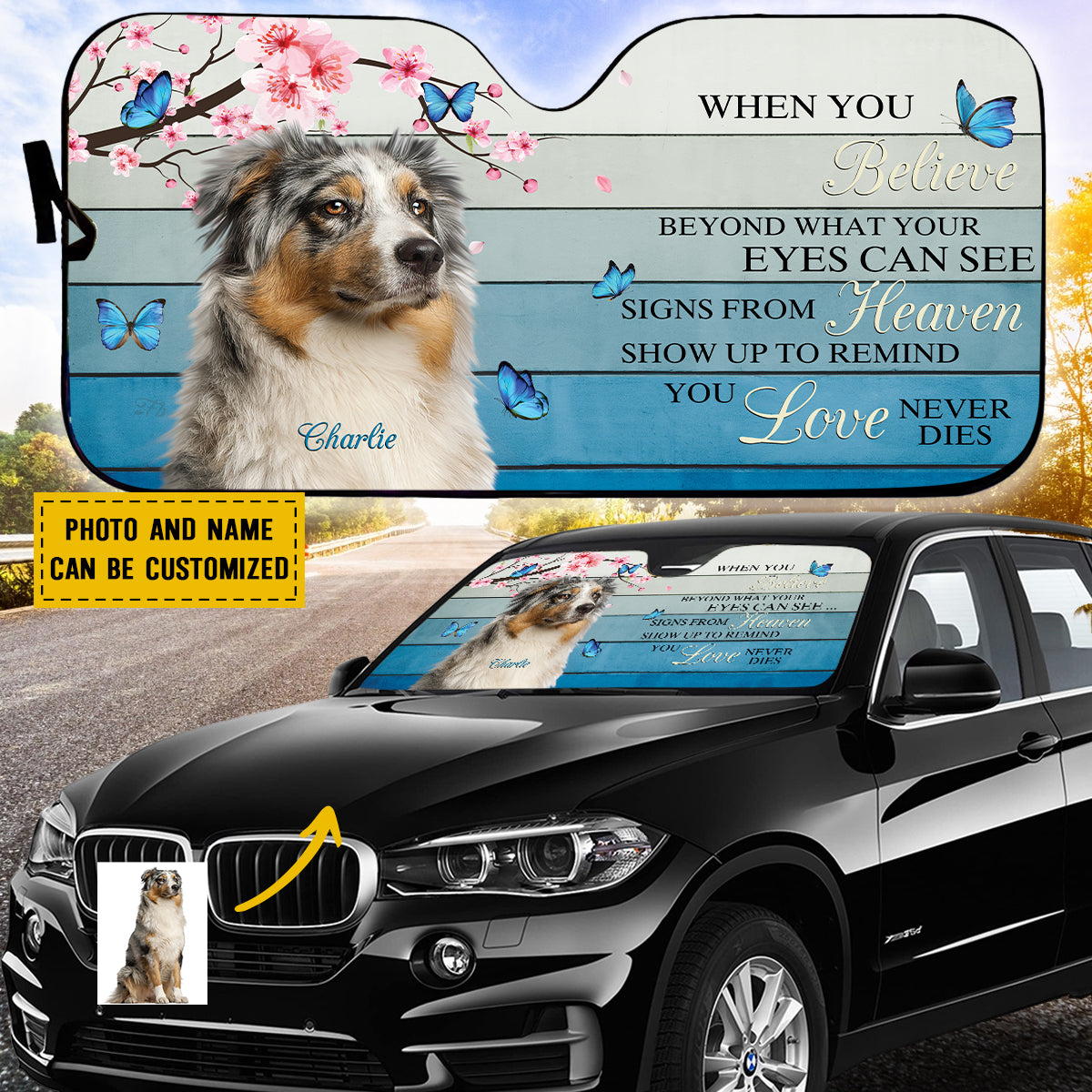 Petthouse | Customized Dog Sunshade Windshield Sun Shade Dog Remembrance Car Australian Shepherd