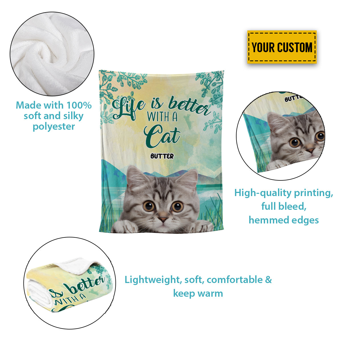 Petthouse | Personalized Cat Collage Fleece Blanket, Life Is Better With A Cat Throw Blanket, Positive Encourage