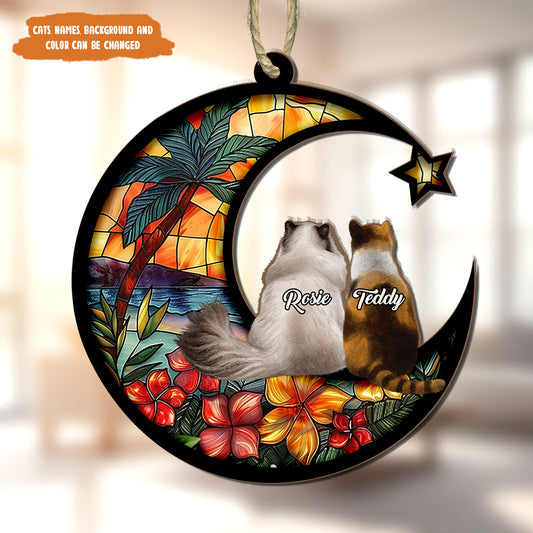 Petthouse | Customized Cat Breed Memorial Suncatcher, Couple Cat On Moon Loss Of Pet Sympathy Gift
