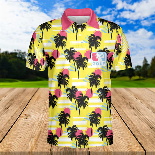 Petthouse | Golf Sport Palm Trees Sun Seamless Pattern Polo Shirt Love Golf Polo Shirts Short Sleeve Golfers Gift Idea