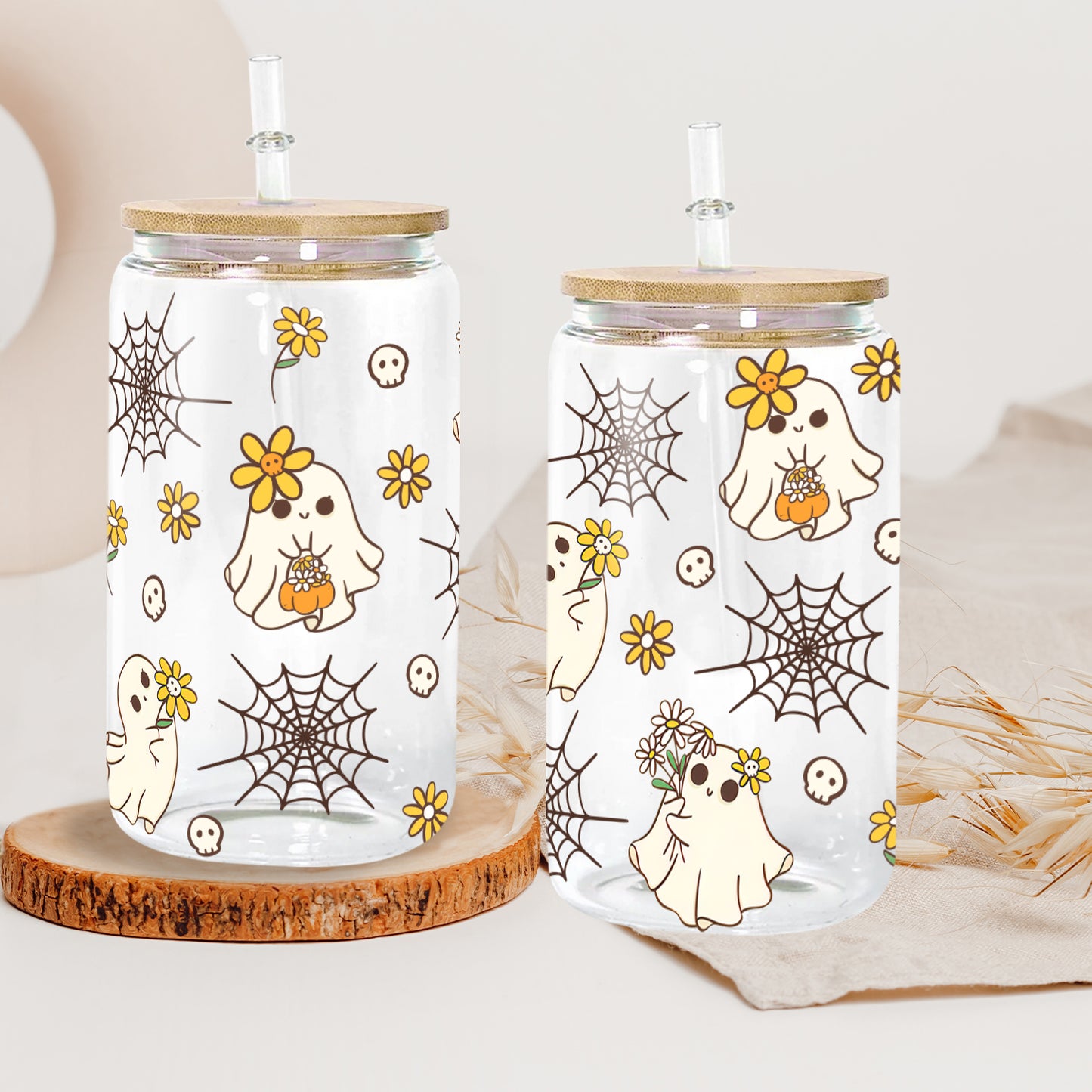 Petthouse | Halloween Ghost Cute Glass Can, Ghost Spooky Vibes Glass Can, Spooky Cute Glass Tumbler Cup Wrap