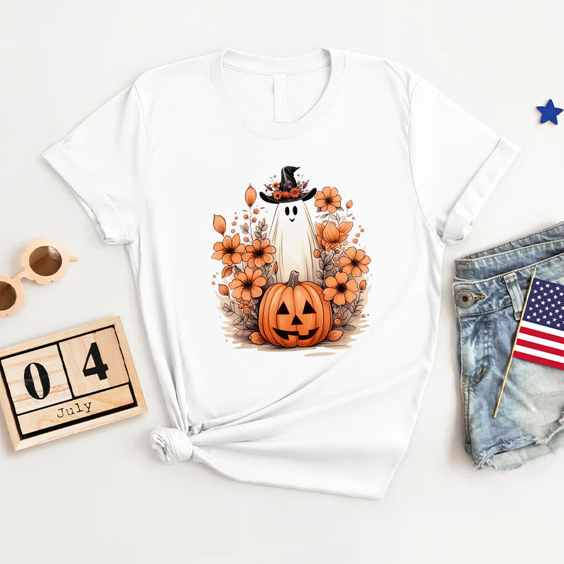 Petthouse | Cute Ghost Pumpkin T-shirt, Fall Autumn Halloween, Floral Ghost Pumpkin, Halloween Shirt