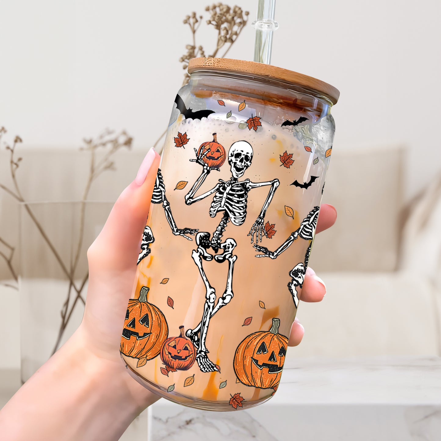 Petthouse | Skeleton Dancing Halloween Glass Can, Skeleton Halloween Iced Coffee Cup, Skeleton Dance Fall