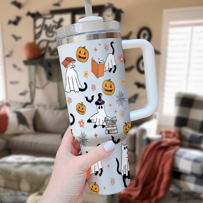 Petthouse | Halloween Cat Ghost Reading 40oz Tumbler, Spooky Cat Bookish Stainless Steel Tumbler, Ghost Cat