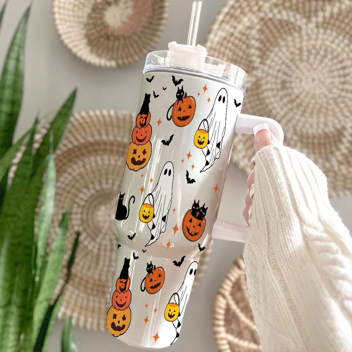 Petthouse | Cute Ghost Halloween 40oz Tumbler, Pumpkin Black Cat Tumbler, Spooky Pumpkin Insulated Cup