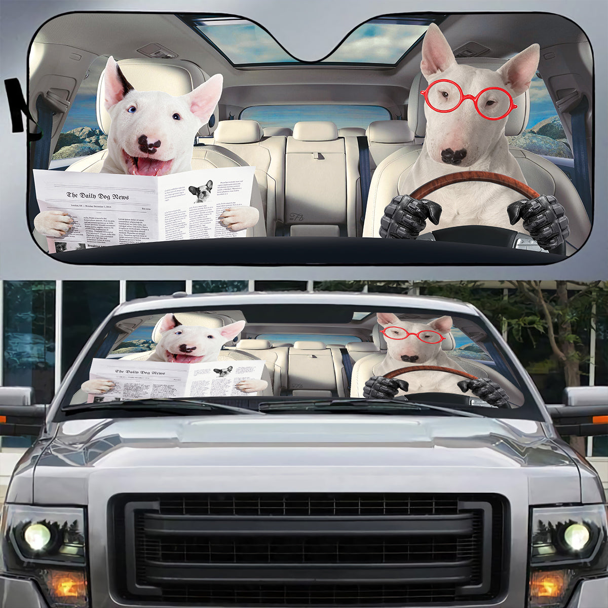 Petthouse | Bull Terrier Reading Newspaper Car Sun Shade Windshield Funny Dog Sunshade Sun Visor For Car