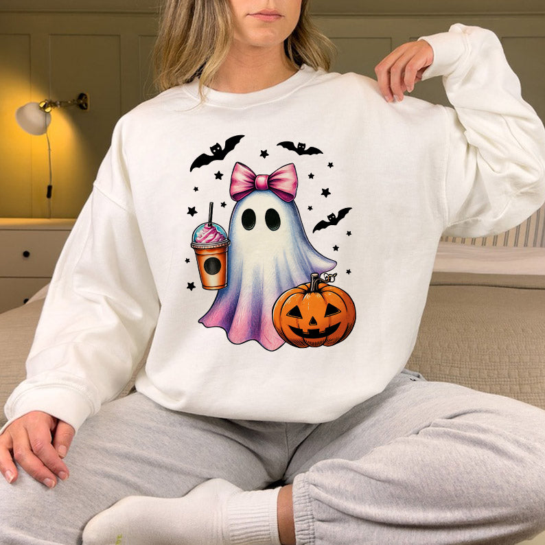 Petthouse | Halloween Ghost Shirt, Retro Ghost Coffee Pumpkin Halloween Shirt, Cute Ghost Coffee