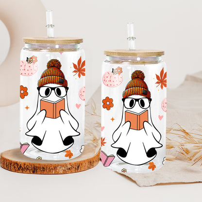 Petthouse | Bookish Ghost Glass Cup, Ghost Reading Pumpkin Fall Vibes Glass Can, Ghost Boo Reader Cup