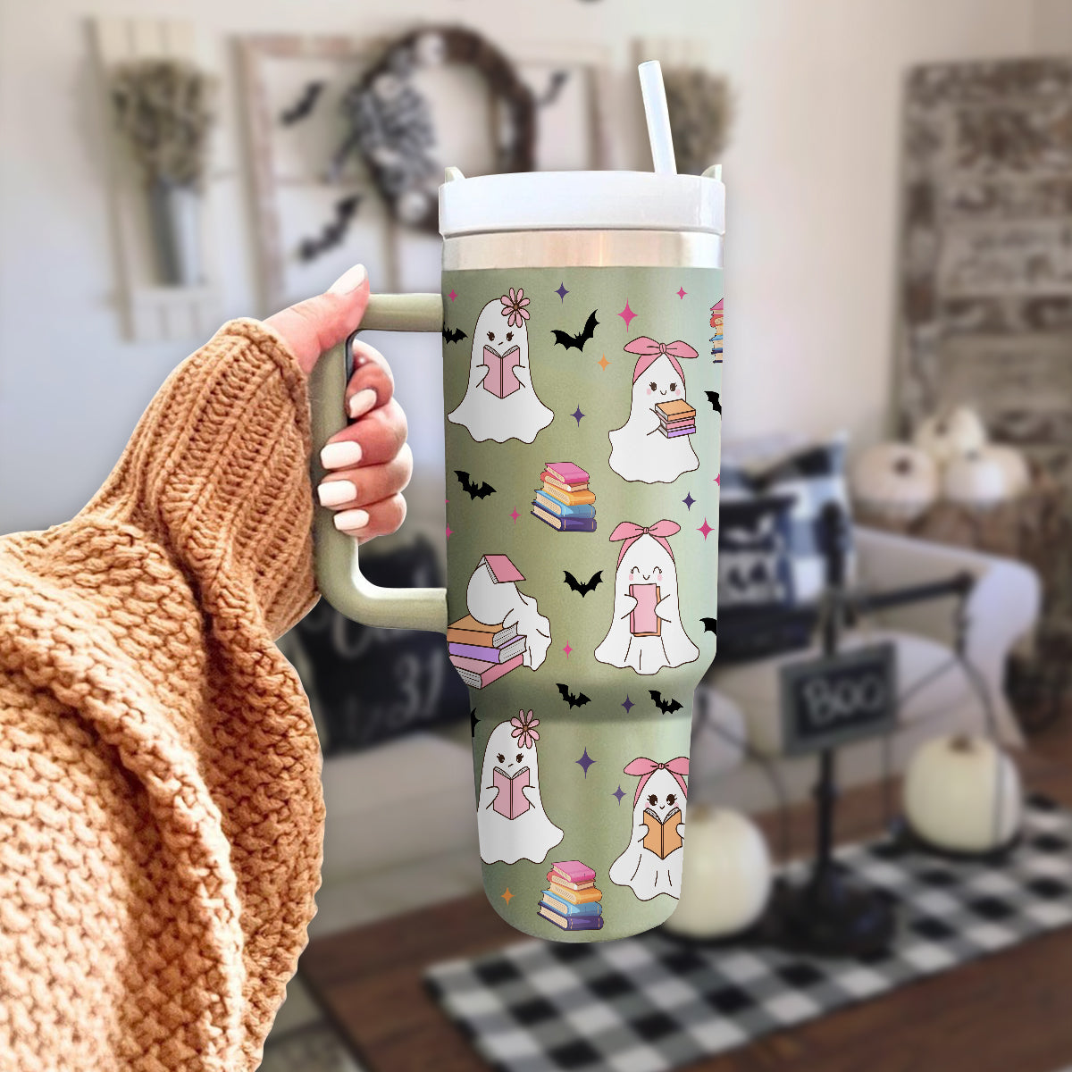 Petthouse | Cute Ghost Reading 40oz Tumbler, Halloween Bookish Tumbler, Halloween Gift For Book Lovers