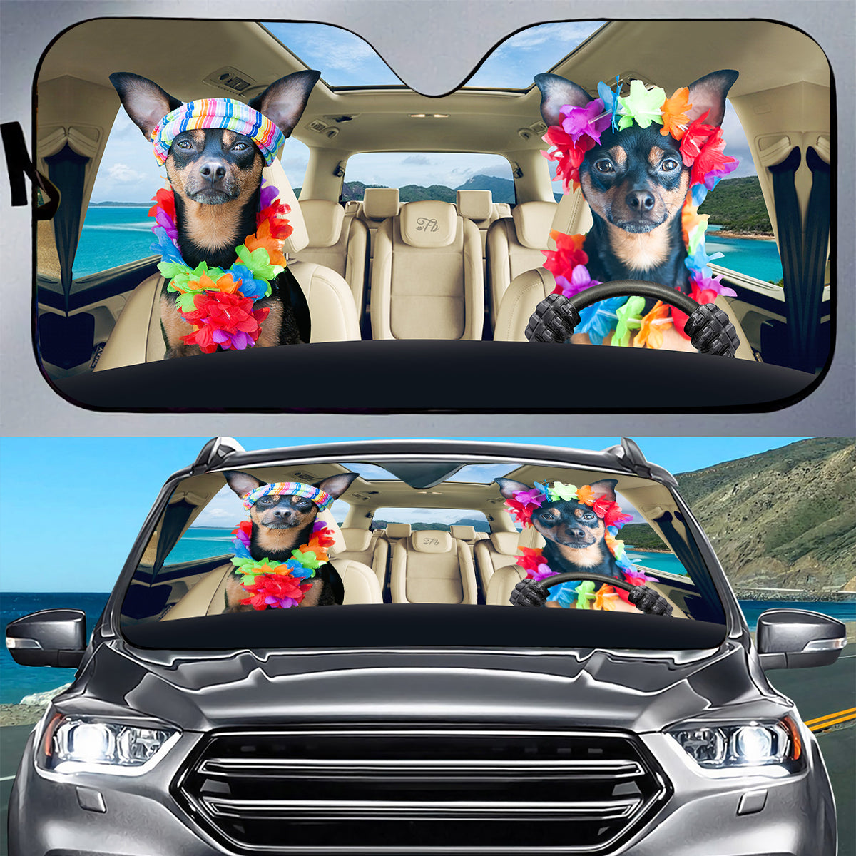 Petthouse | Windshield Sunshade Hawaiian Dog Sunshade Chihuahua Beach Trip Car Sun Shade Windshield