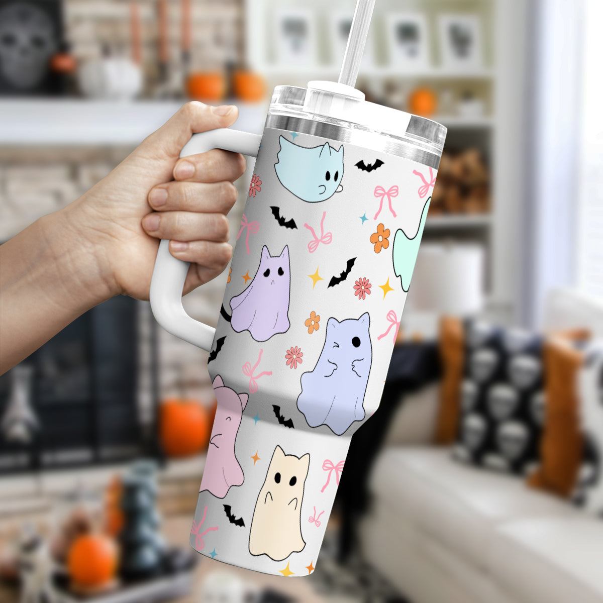 Petthouse | Cute Ghost Cats Halloween 40Oz Tumbler, Ghost Cat Stainless Steel Tumbler, Cat Ice Coffee Cup