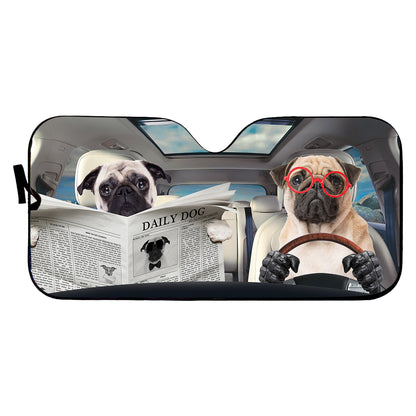 Petthouse | Pug Reading Newspaper Windshield Sun Shade Daily Dog Automotive Windshield Sunshades Dog Driving