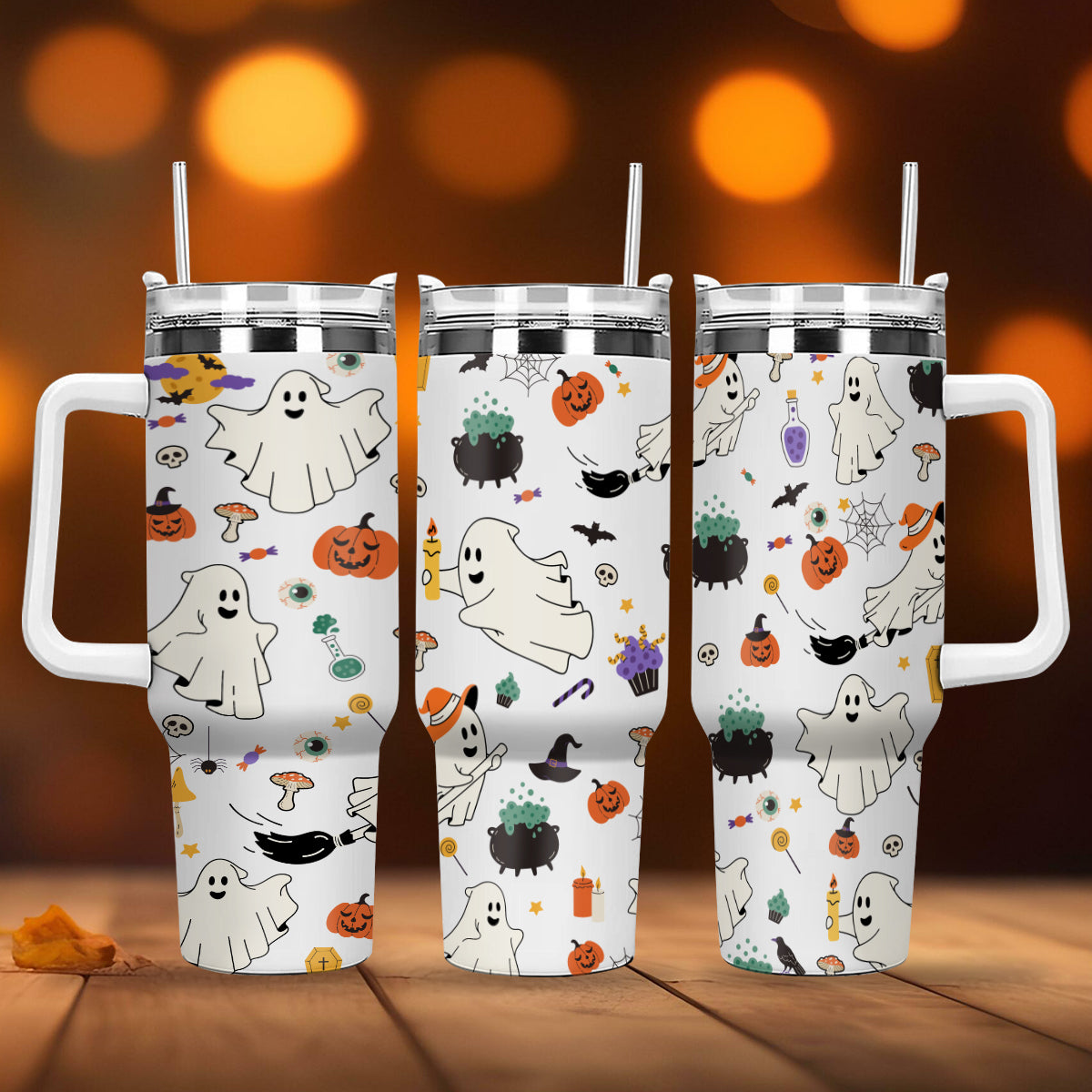 Petthouse | Ghost Halloween Retro Tumbler 40oz Tumbler, With Handle And Straw, Retro Ghosts, Spooky Season