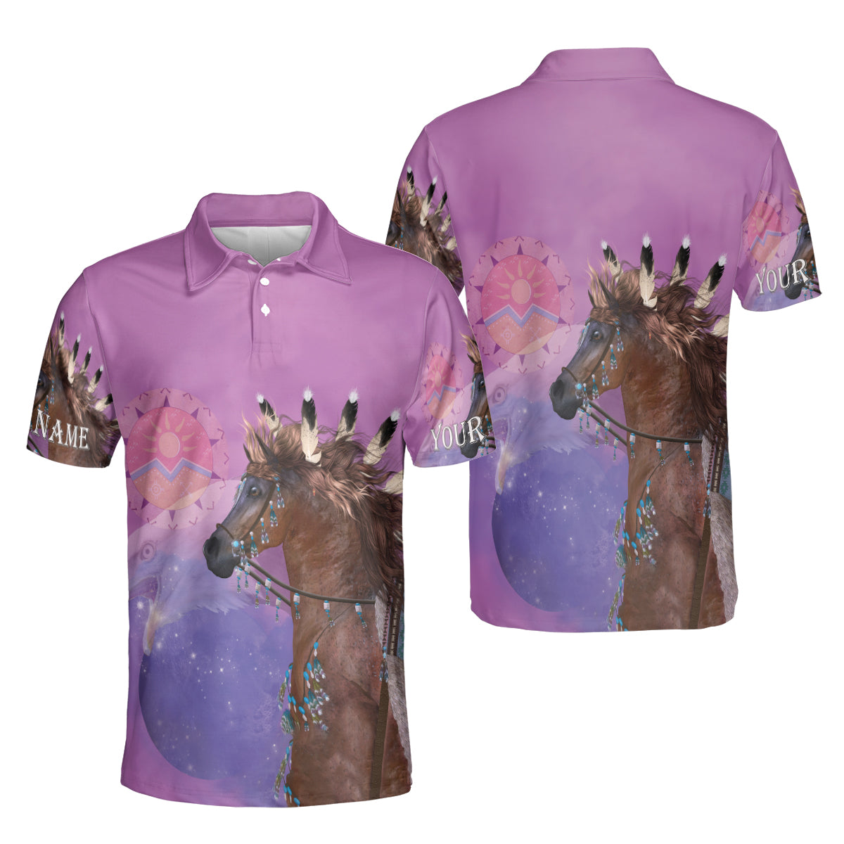 Petthouse | Customized Name Native American Horse Eagle Polo Shirt Brown Horse Sport Shirt Wild Animals