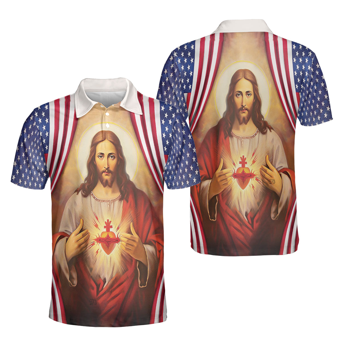 Petthouse | Sacred Heart Jesus American Flag Polo Shirt Jesus Christian Sport Shirt Religious Gift Patriot Gift