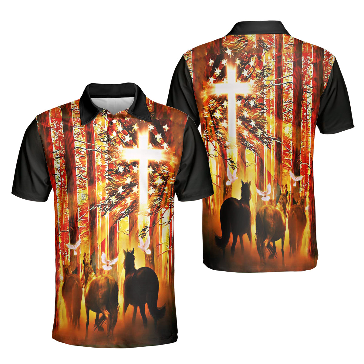 Petthouse | Jesus Christ Dove Horse American Flag Polo God Christian Religion Heaven Sport Shirt Religious Gift