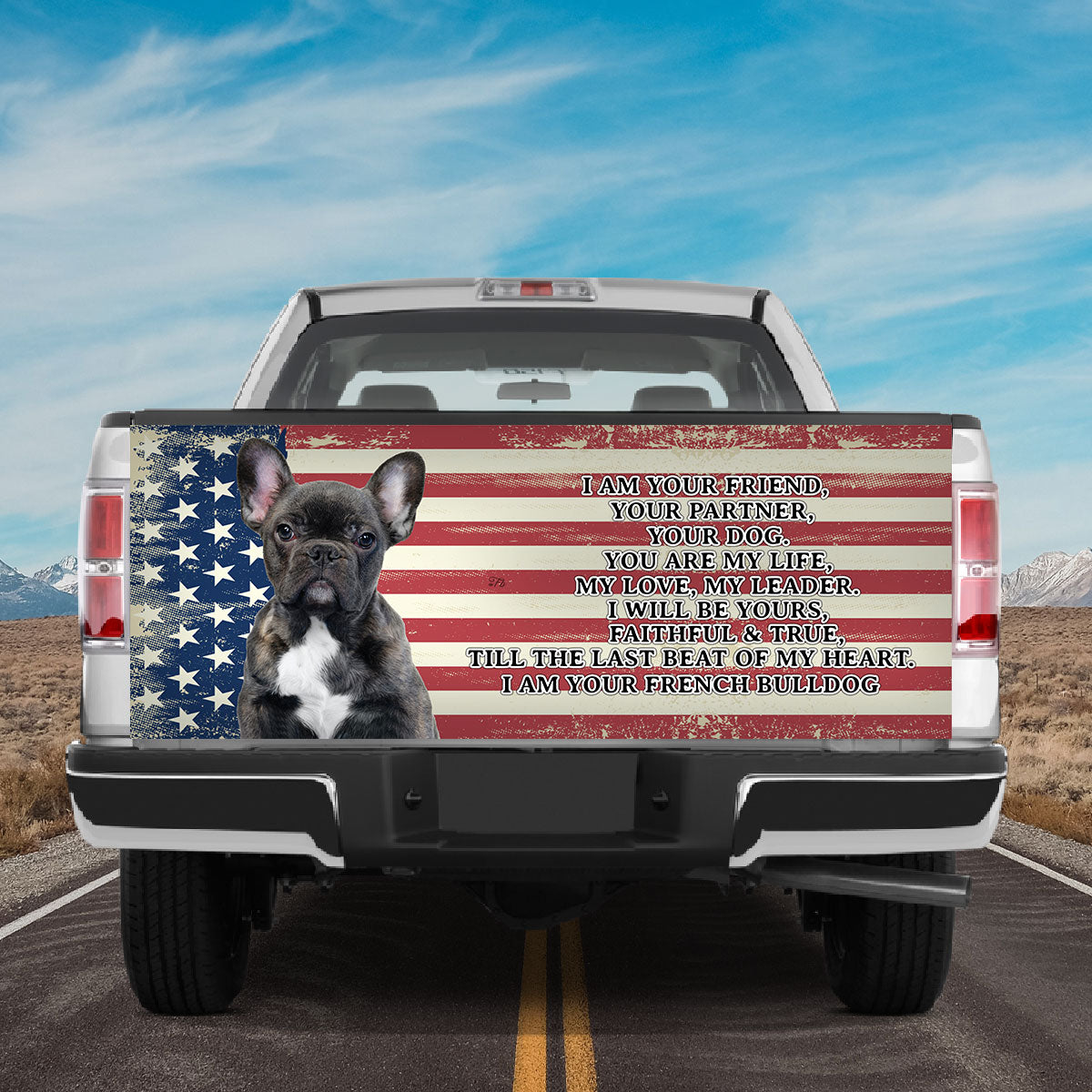 Petthouse | French Bulldog Tailgate Vinyl Wrap American Flag Grunge Tailgate Mural I Am Your Friend